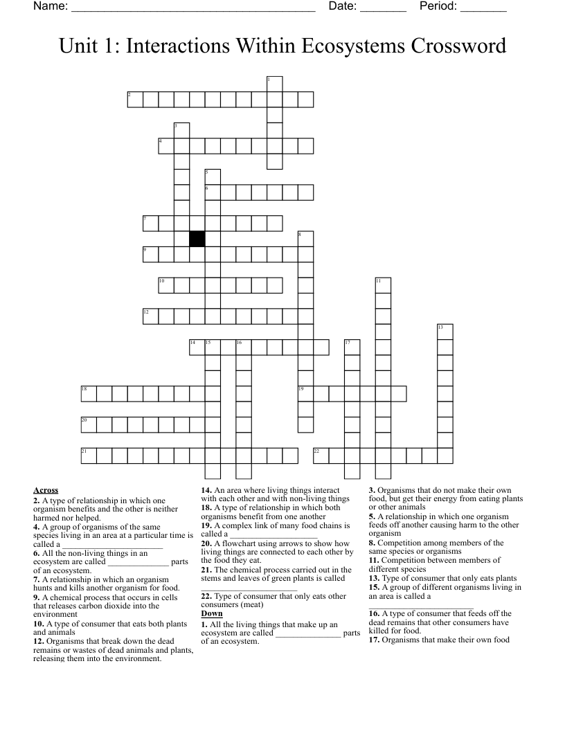 Unit 1: Interactions Within Ecosystems Crossword