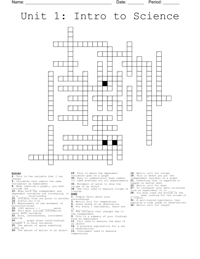 Unit 1: Intro to Science Crossword
