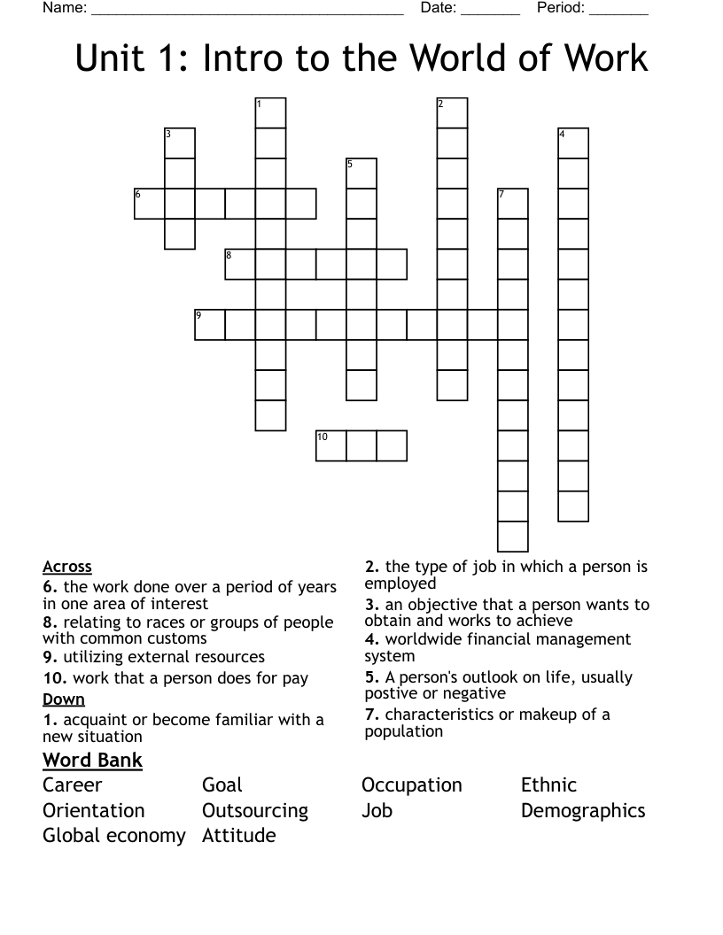 Unit 1: Intro to the World of Work Crossword