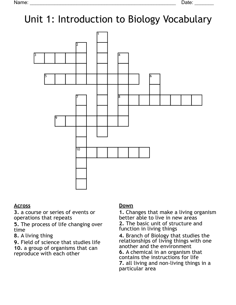 Unit 1: Introduction to Biology Vocabulary Crossword