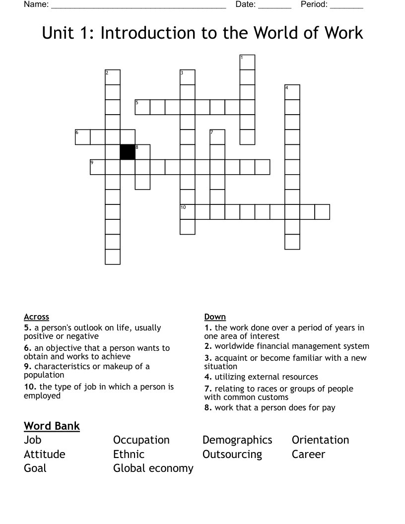 Unit 1: Introduction to the World of Work Crossword