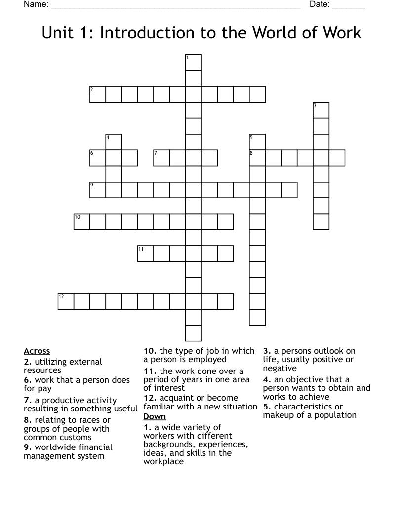 Unit 1: Introduction to the World of Work Crossword