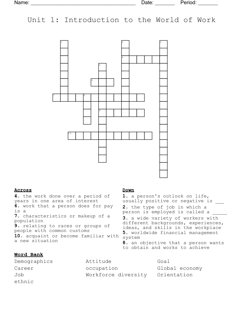 Unit 1: Introduction to the World of Work  Crossword