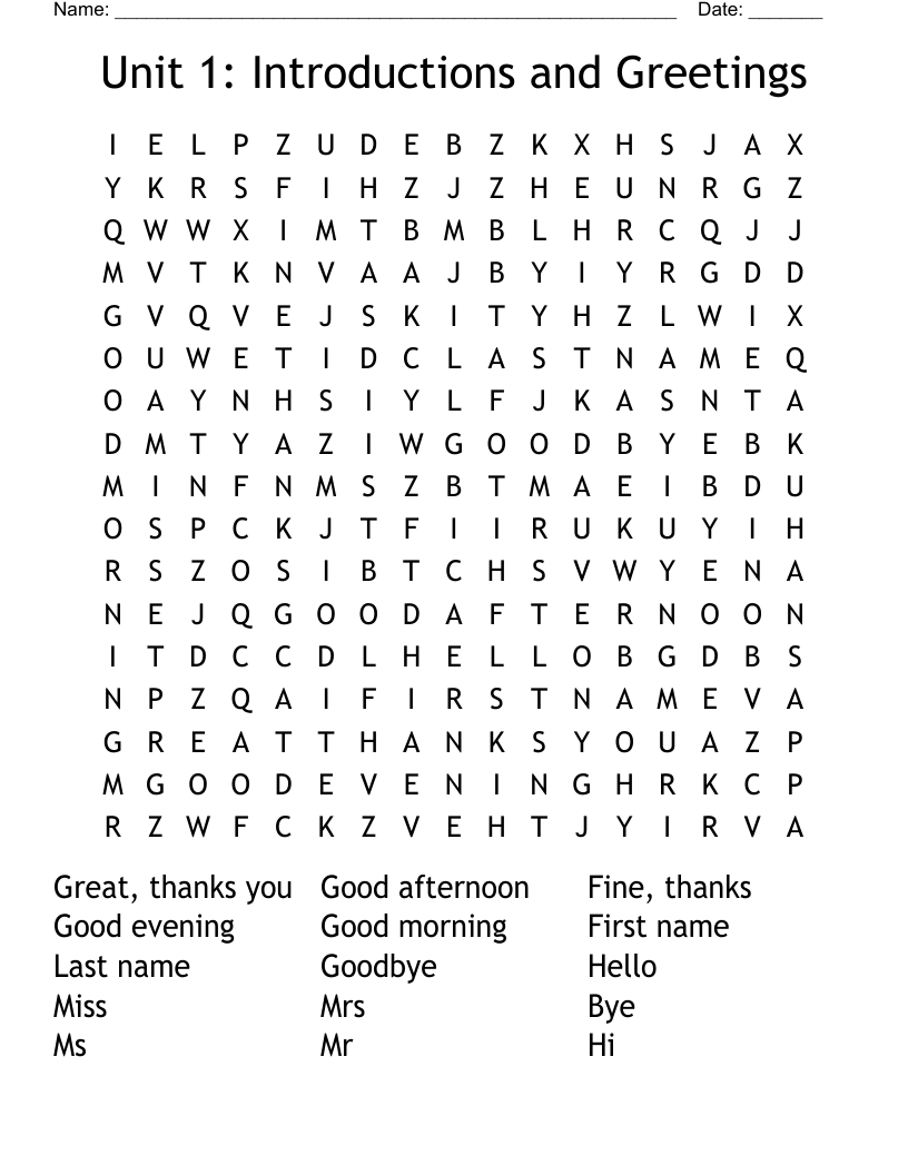 Unit 1: Introductions and Greetings  Word Search
