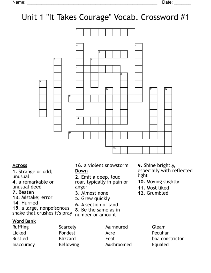 Unit 1 "It Takes Courage" Vocab. Crossword #1