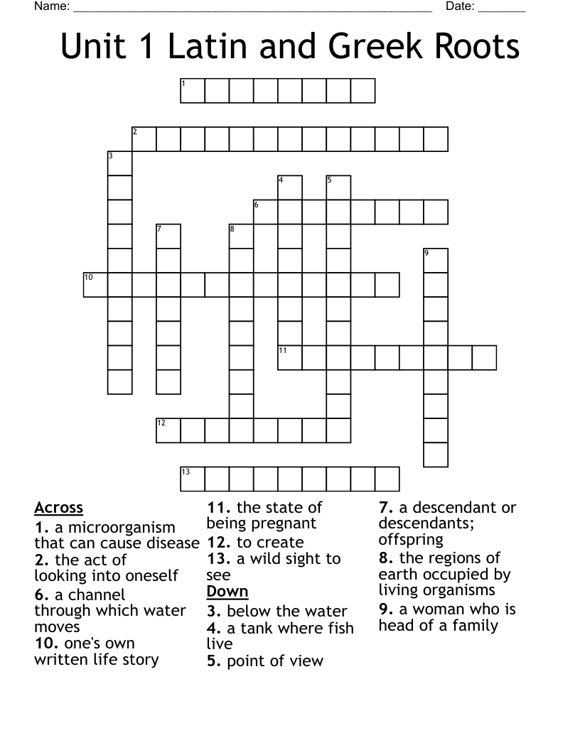 Unit 1 Latin and Greek Roots Crossword
