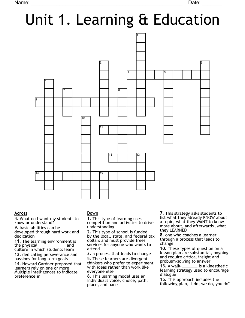 Unit 1. Learning & Education Crossword