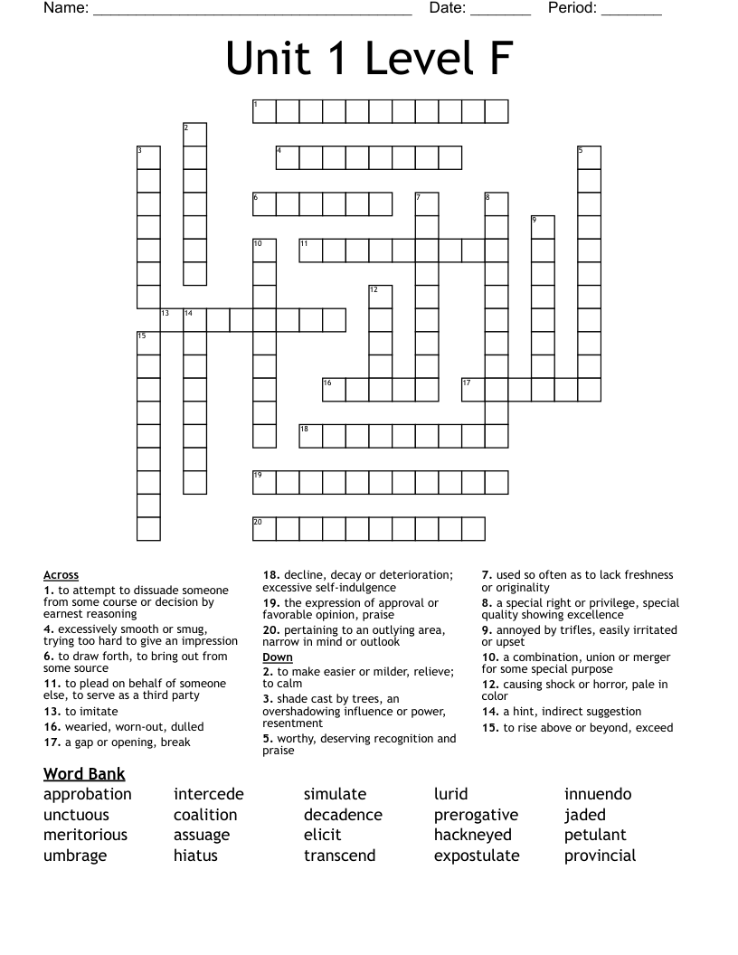 Unit 1 Level F Crossword