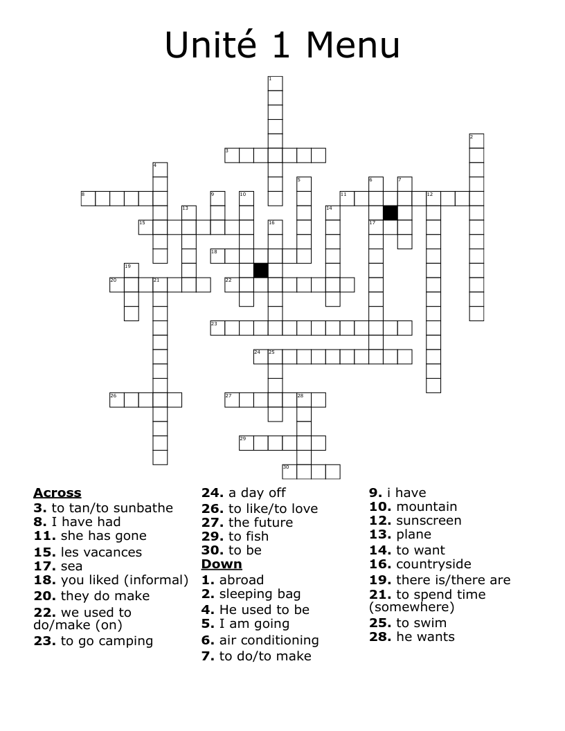 Unité 1 Menu Crossword