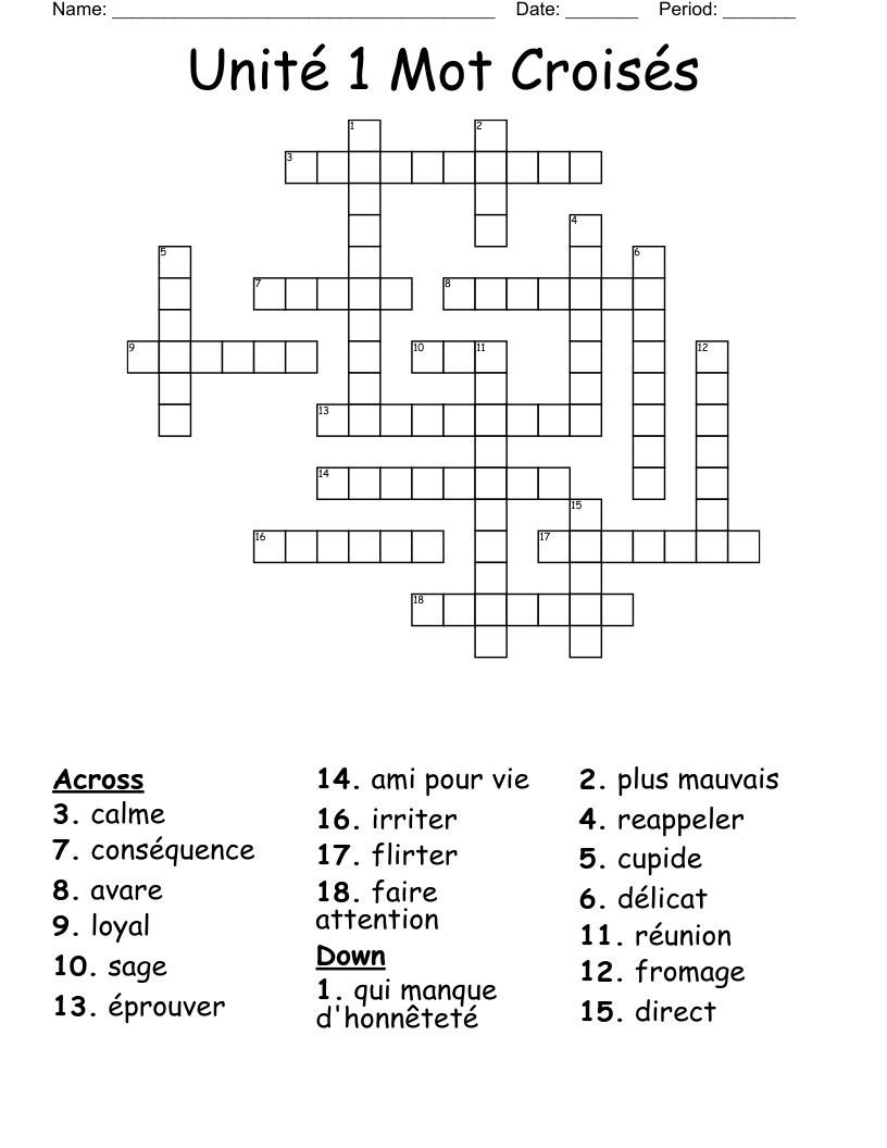 Unité 1 Mot Croisés Crossword