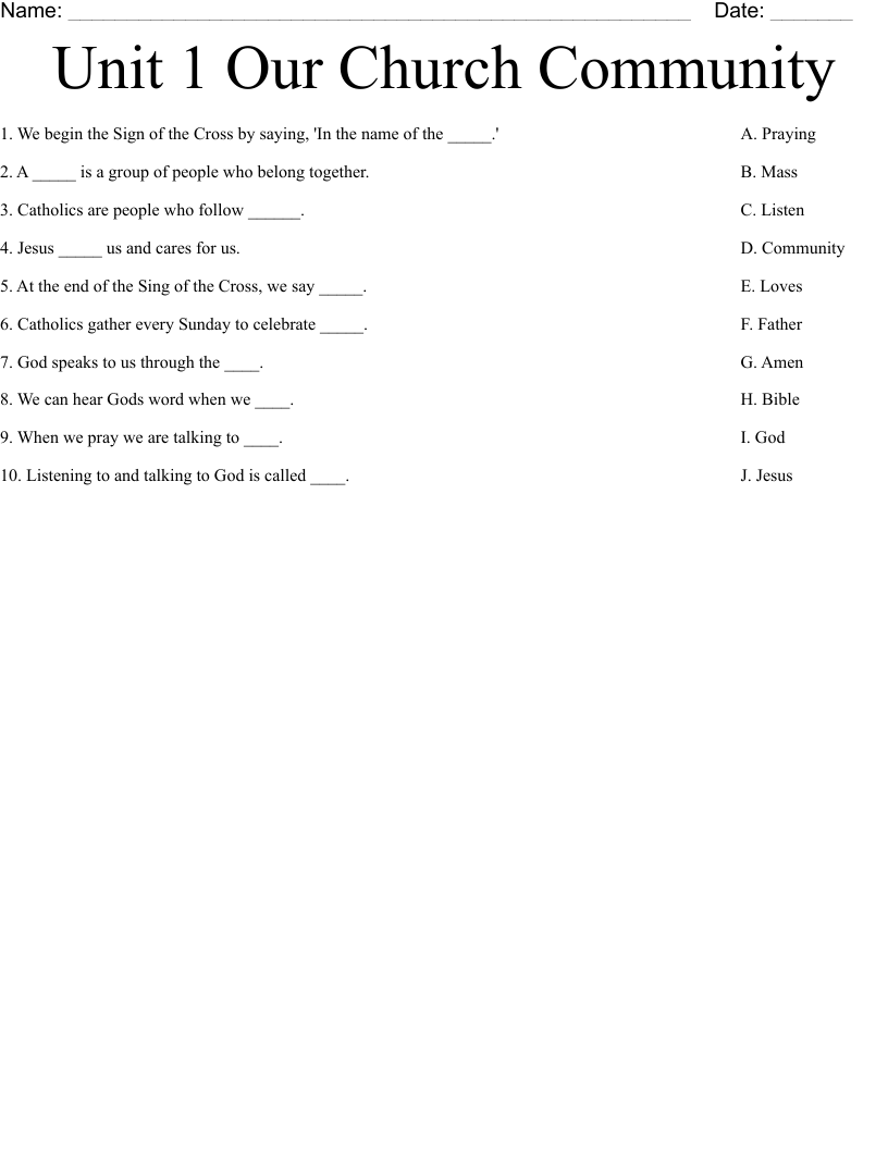 Unit 1 Our Church Community  Worksheet