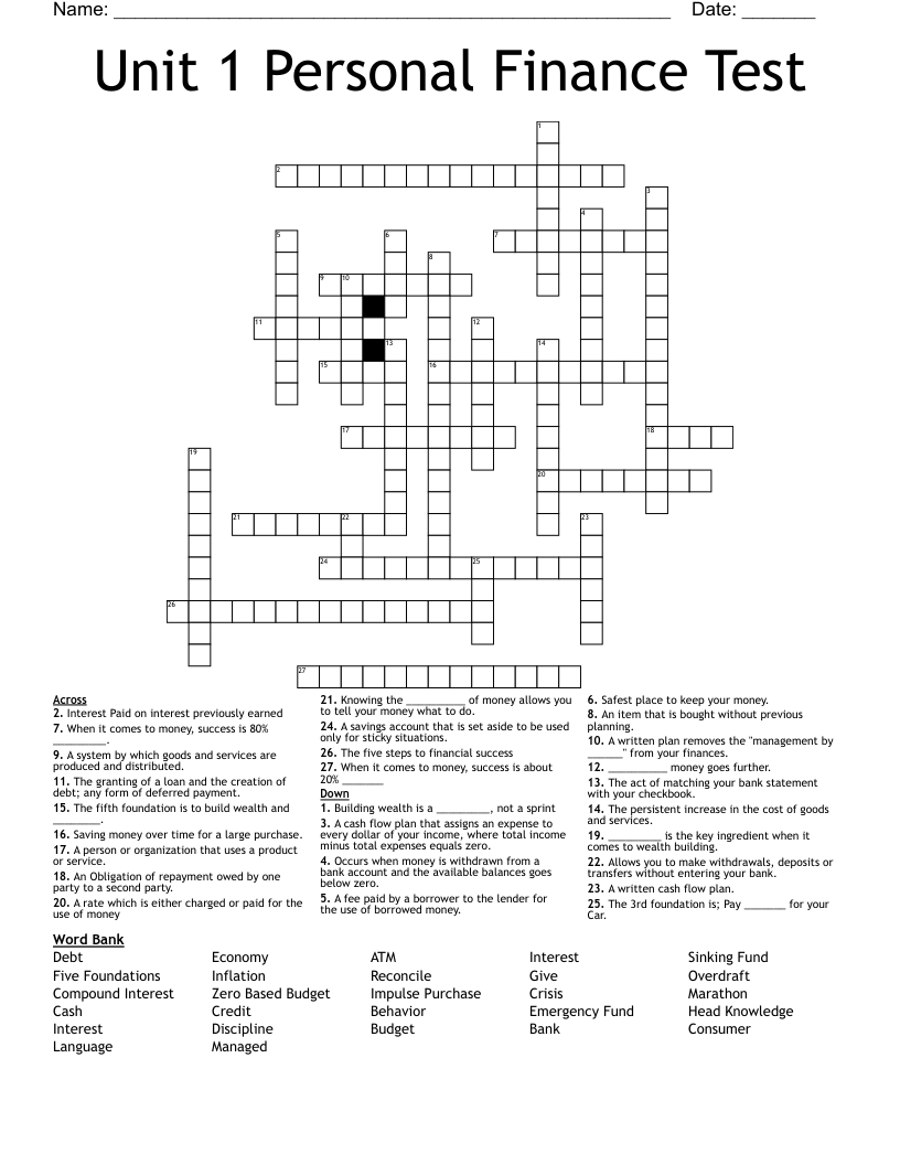 Unit 1 Personal Finance Test Crossword