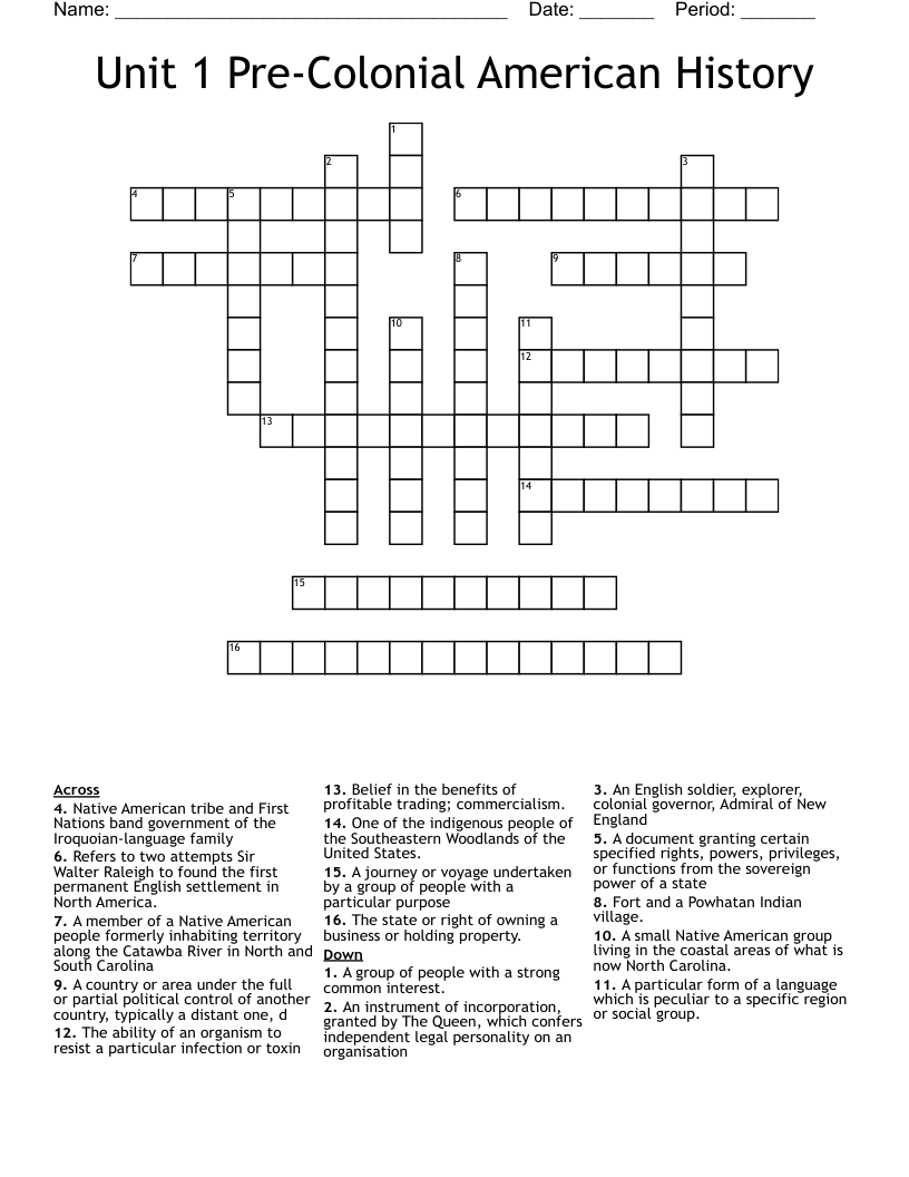 Unit 1 Pre-Colonial American History Crossword