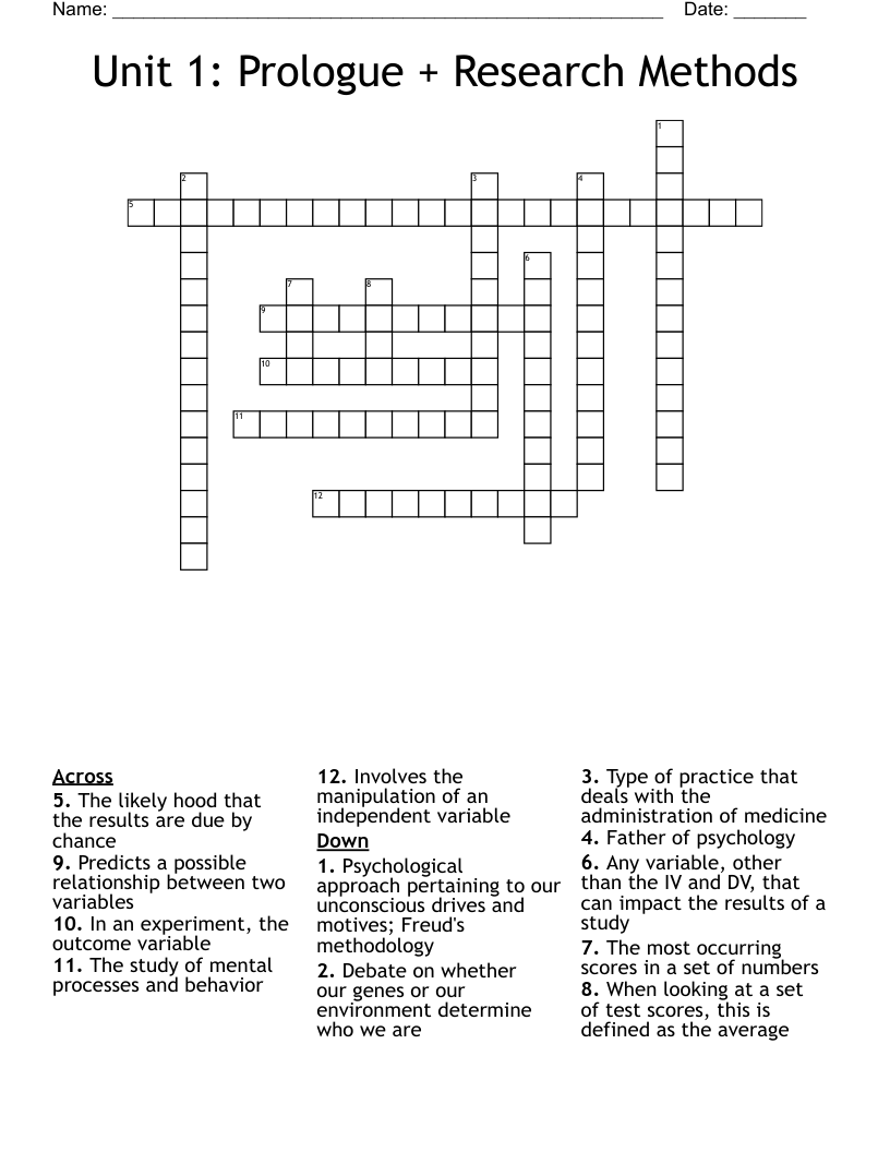 Unit 1: Prologue + Research Methods Crossword