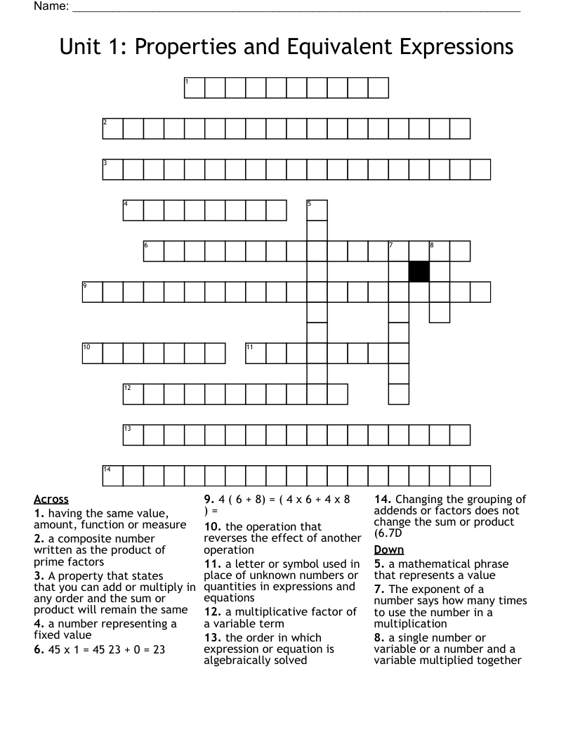 Unit 1: Properties and Equivalent Expressions Crossword