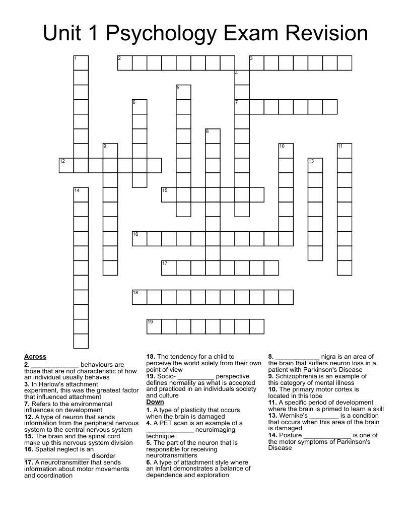 Unit 1 Psychology Exam Revision Crossword