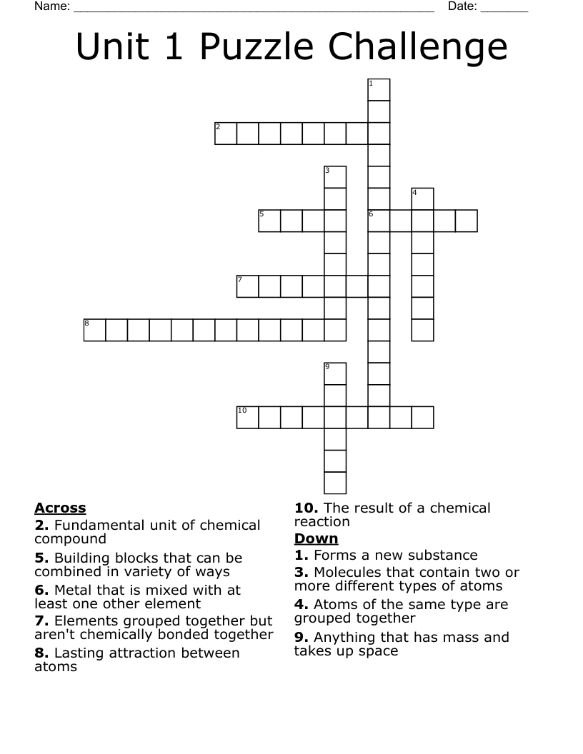 Unit 1 Puzzle Challenge Crossword