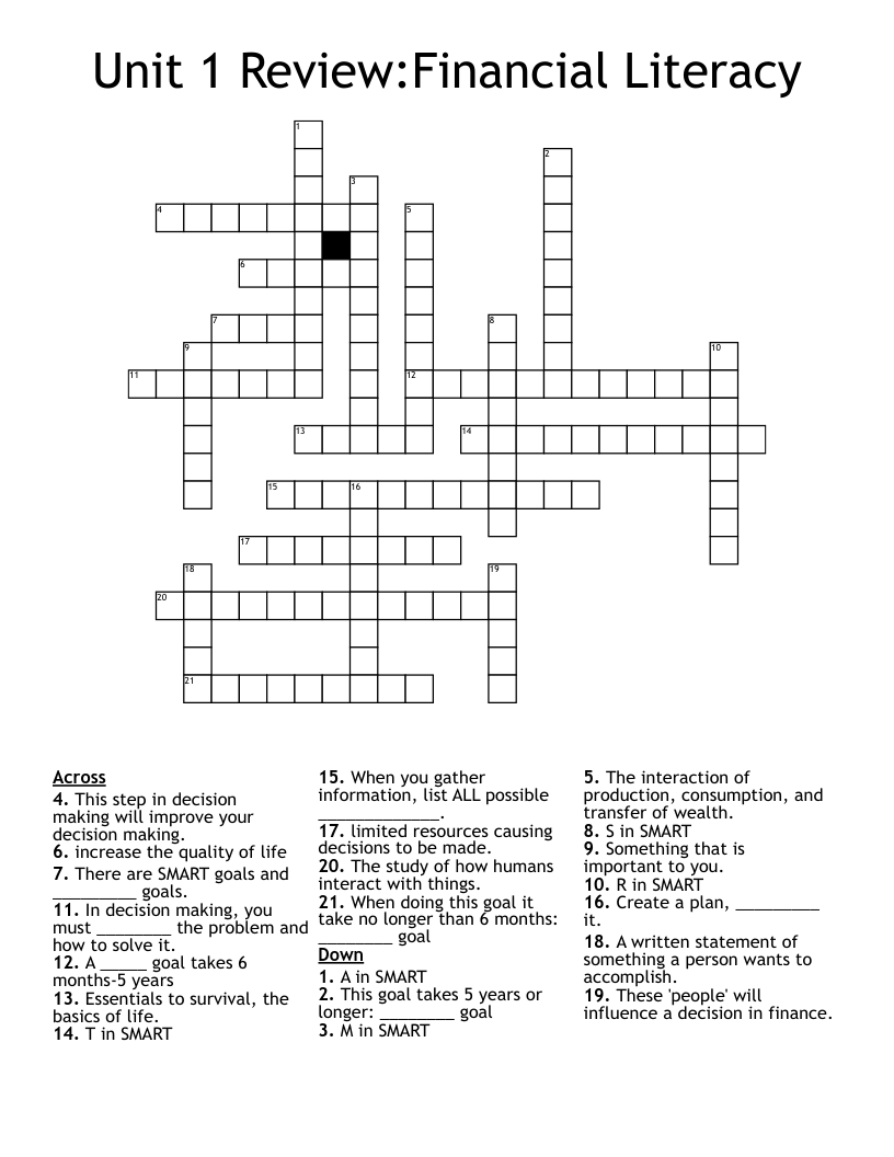 Unit 1 Review:Financial Literacy Crossword