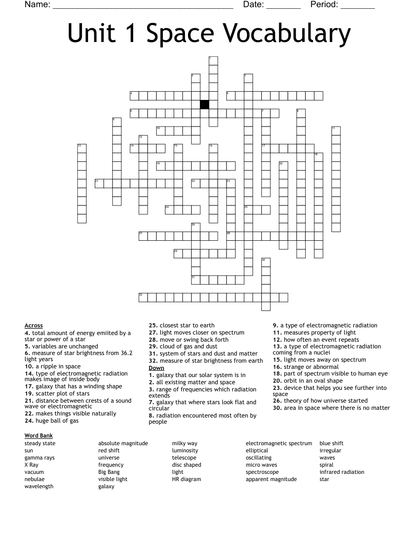 Unit 1 Space Vocabulary  Crossword