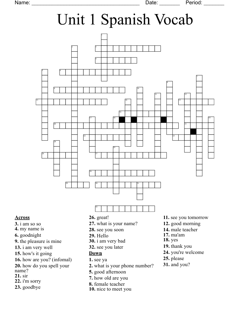 Unit 1 Spanish Vocab  Crossword