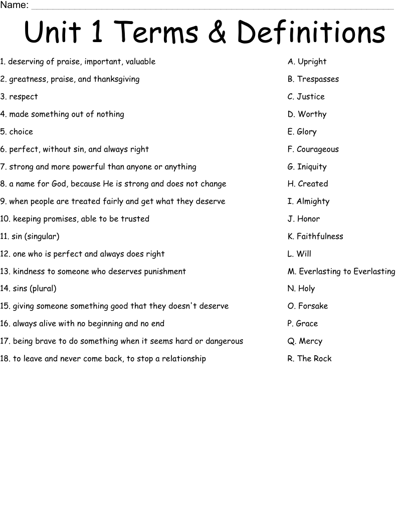 Unit 1 Terms & Definitions Worksheet