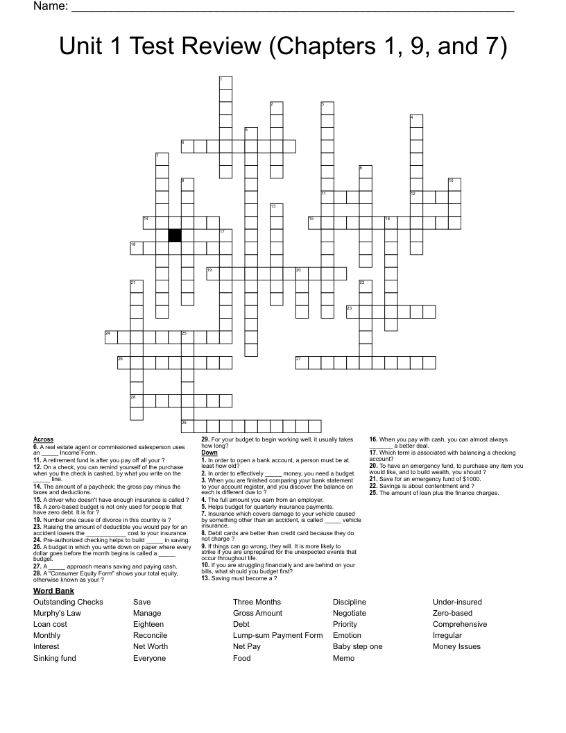 Unit 1 Test Review (Chapters 1, 9, and 7) Crossword