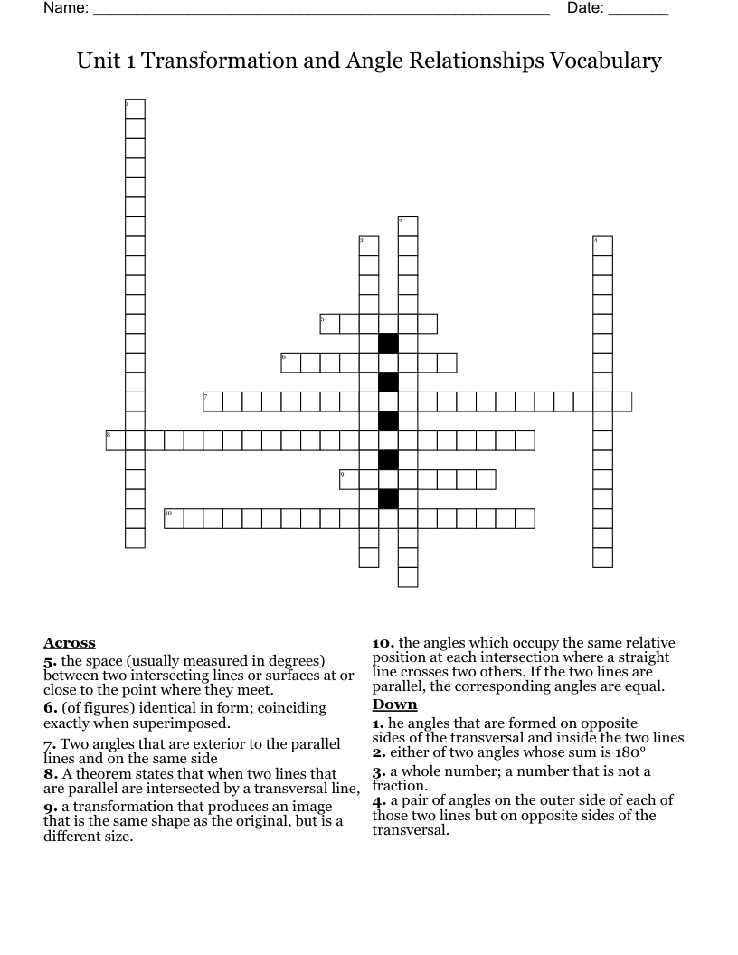 Unit 1 Transformation and Angle Relationships Vocabulary Crossword