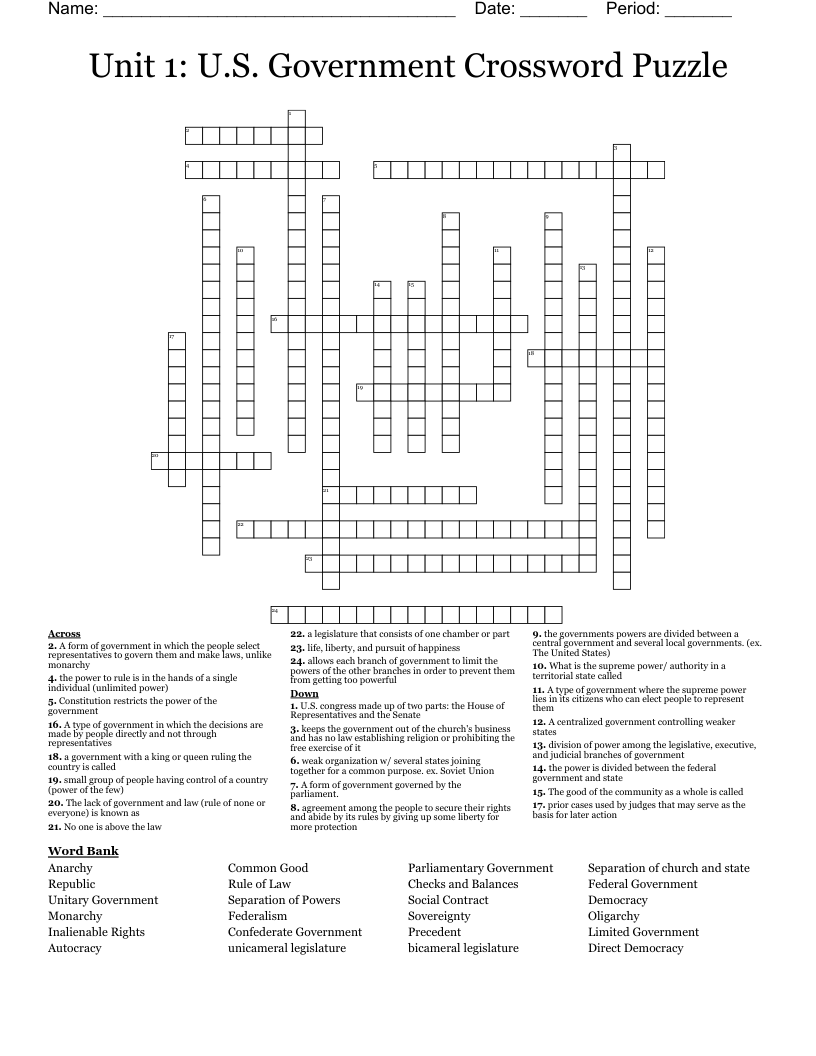 Unit 1: U.S. Government Crossword Puzzle 