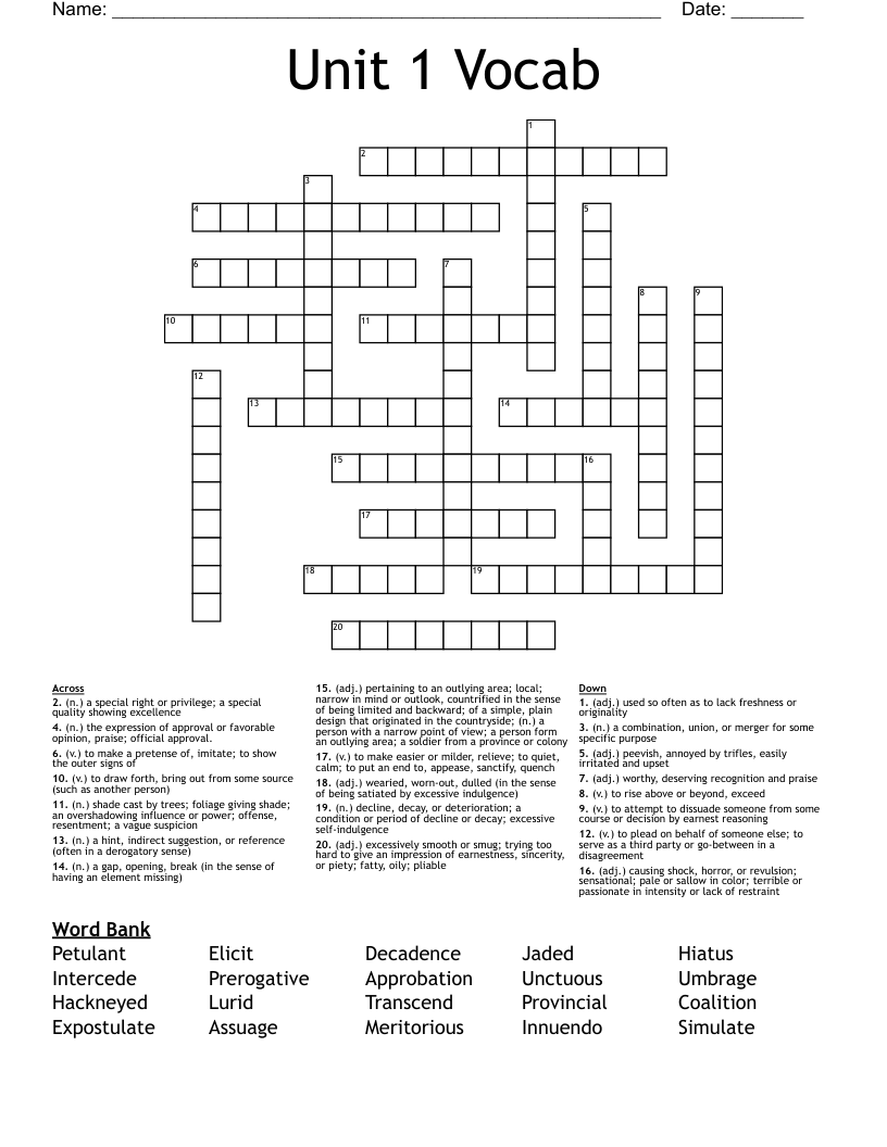 Unit 1 Vocab Crossword