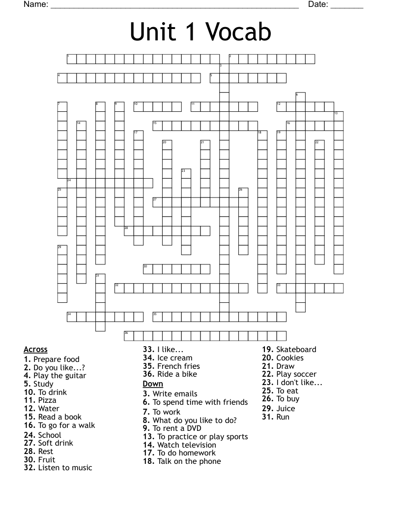 Unit 1 Vocab Crossword