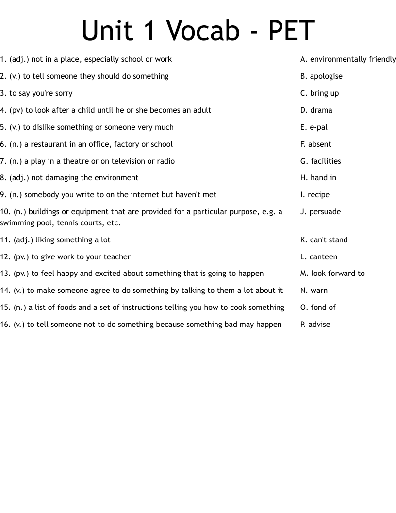 Unit 1 Vocab - PET Worksheet