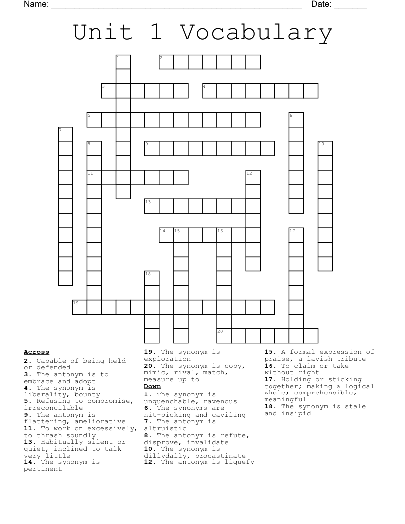 Unit 1 Vocabulary Crossword
