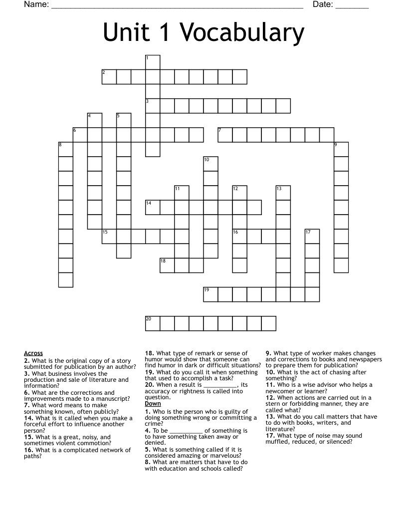 Unit 1 Vocabulary Crossword