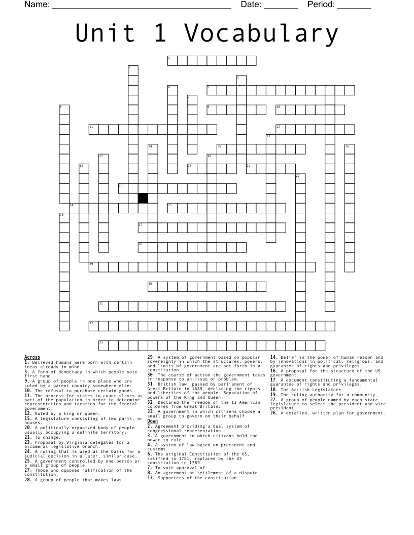 Unit 1 Vocabulary Crossword