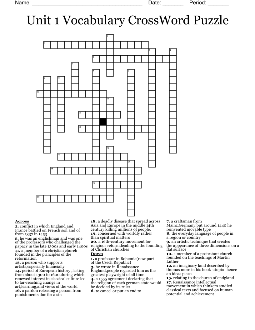 Unit 1 Vocabulary CrossWord Puzzle