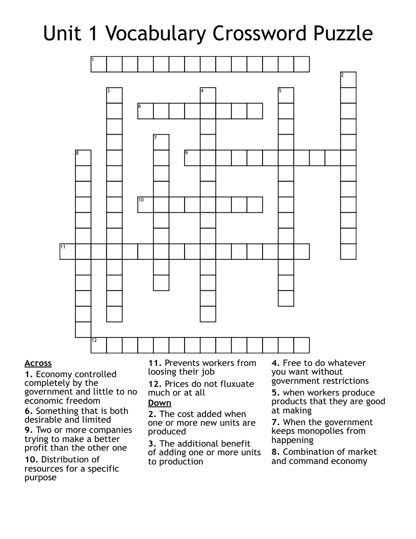 Unit 1 Vocabulary Crossword Puzzle