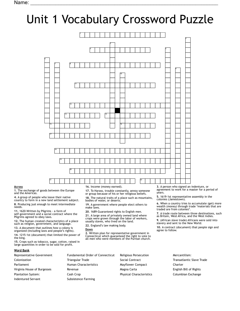 Unit 1 Vocabulary Crossword Puzzle 
