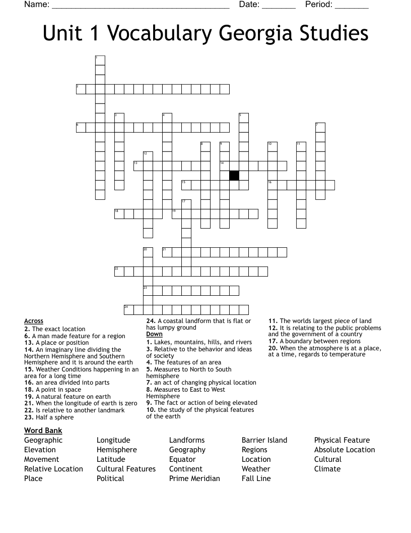 Unit 1 Vocabulary Georgia Studies Crossword