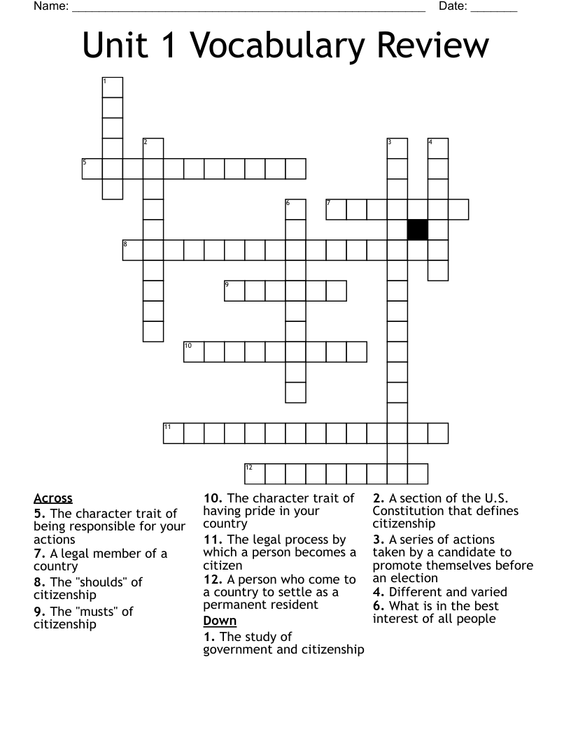 Unit 1 Vocabulary Review Crossword