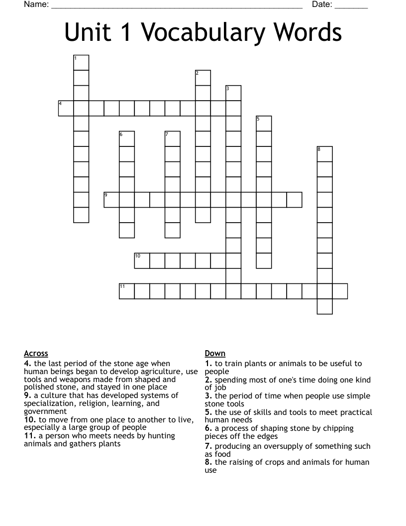 Unit 1 Vocabulary Words Crossword