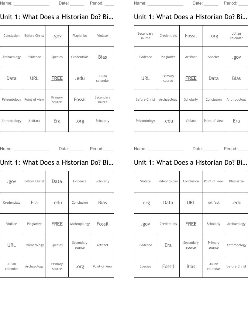 Unit 1: What Does a Historian Do? Bingo