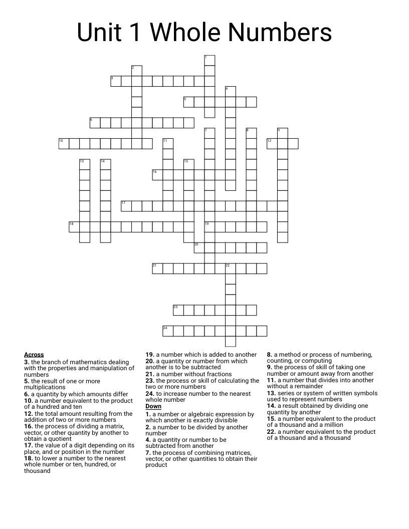 Unit 1 Whole Numbers  Crossword