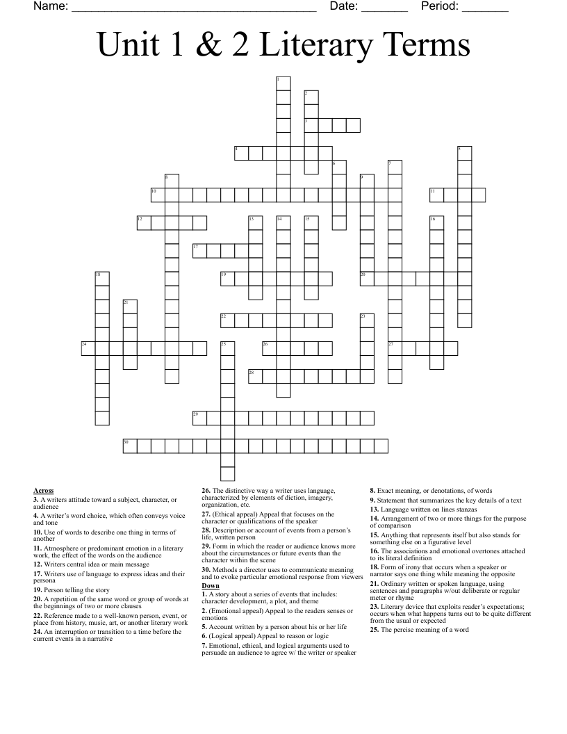Unit 1 & 2 Literary Terms Crossword