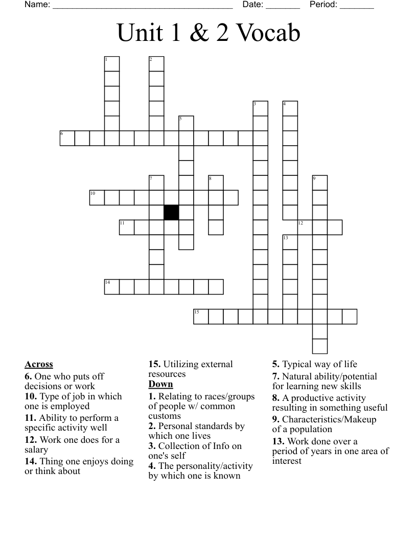 Unit 1 & 2 Vocab Crossword