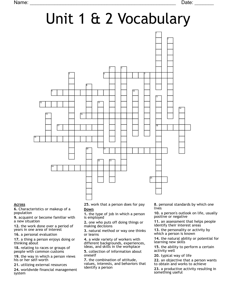 Unit 1 & 2 Vocabulary Crossword
