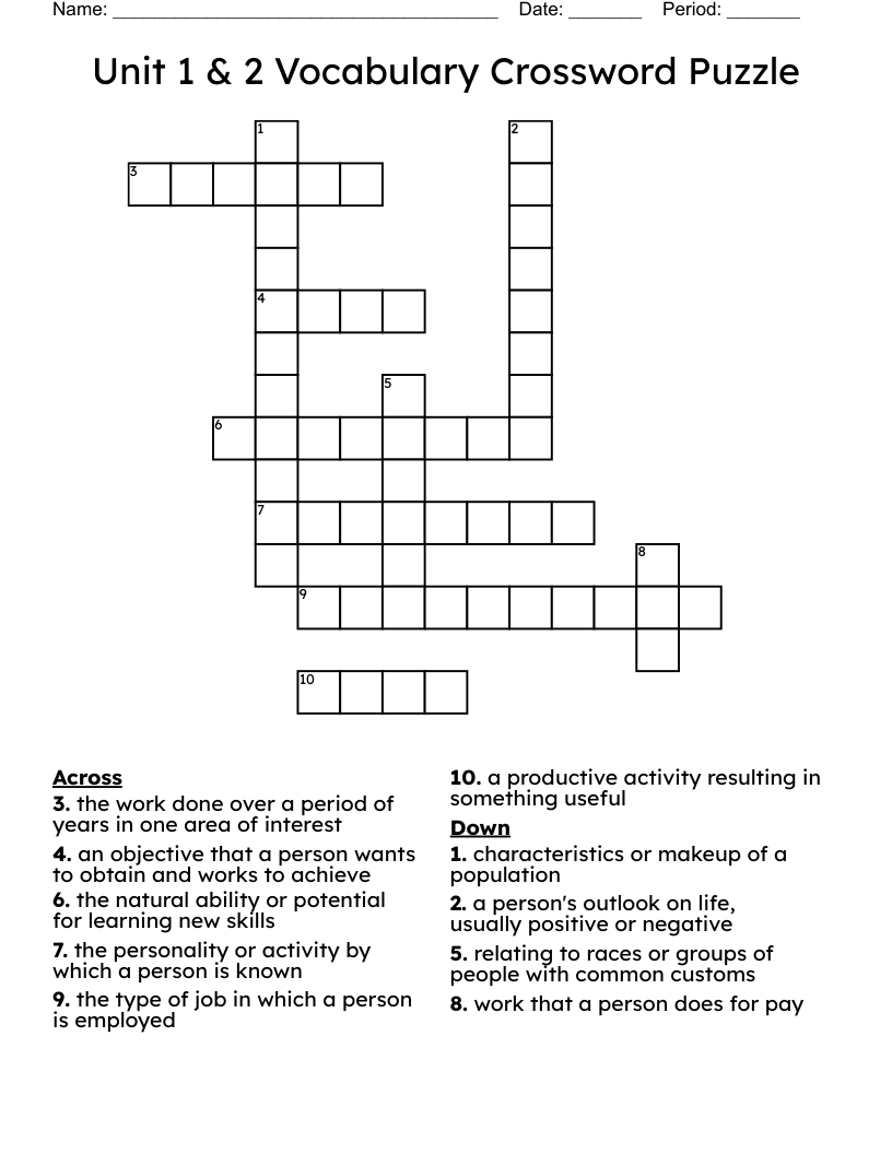 Unit 1 & 2 Vocabulary Crossword Puzzle