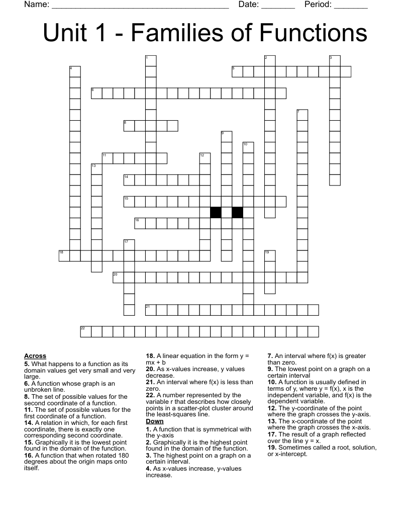 Unit 1 - Families of Functions Crossword