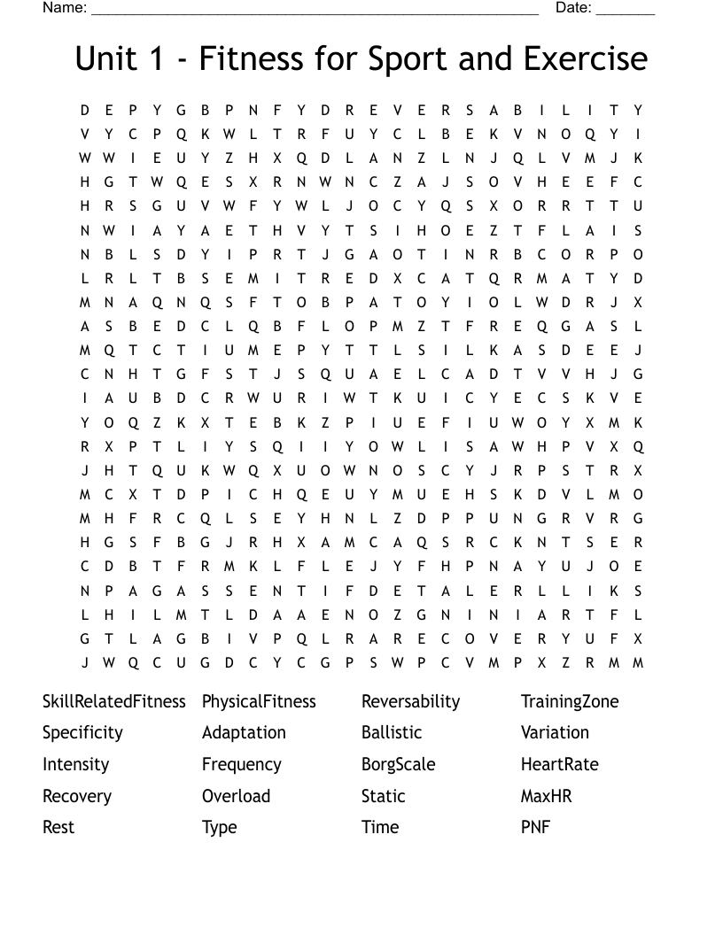 Unit 1 - Fitness for Sport and Exercise Word Search