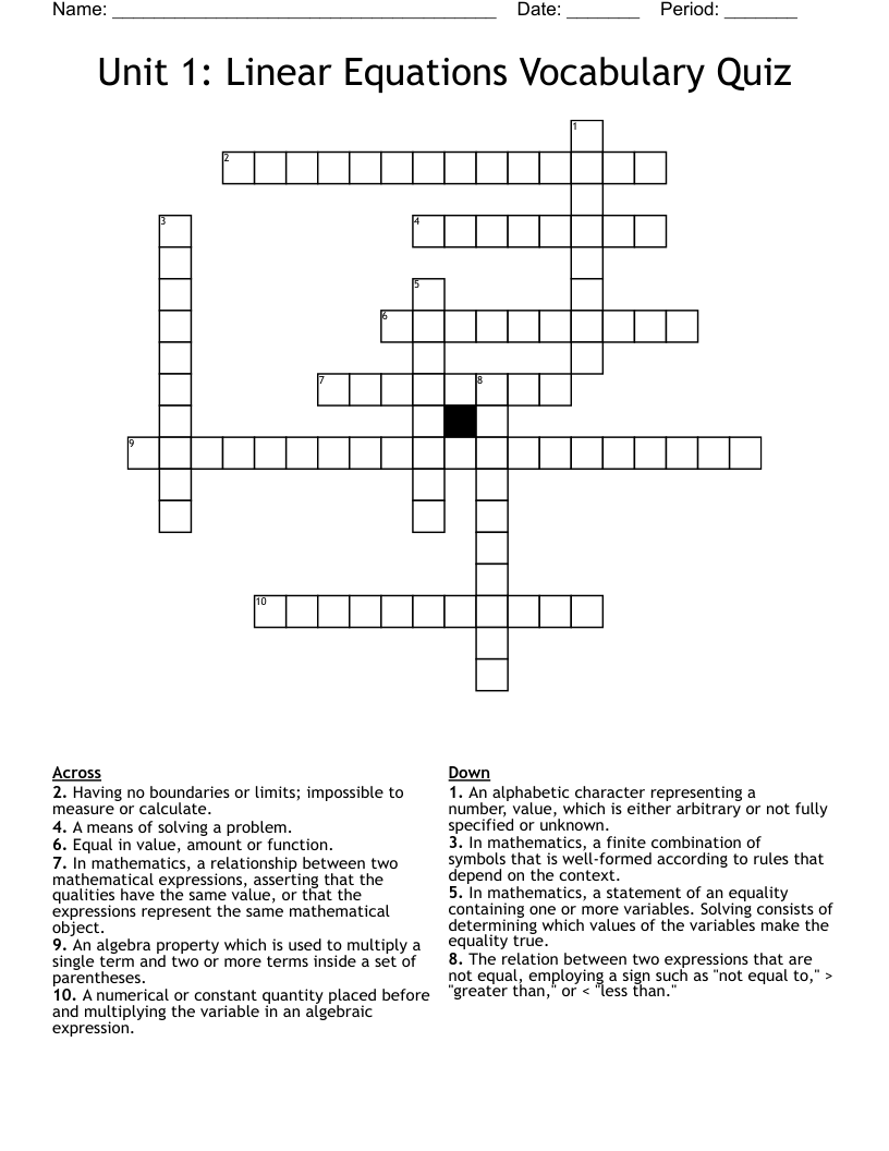 Unit 1:  Linear Equations Vocabulary Quiz Crossword