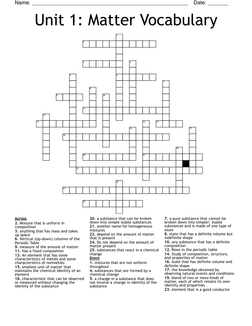 Unit 1:  Matter Vocabulary Crossword